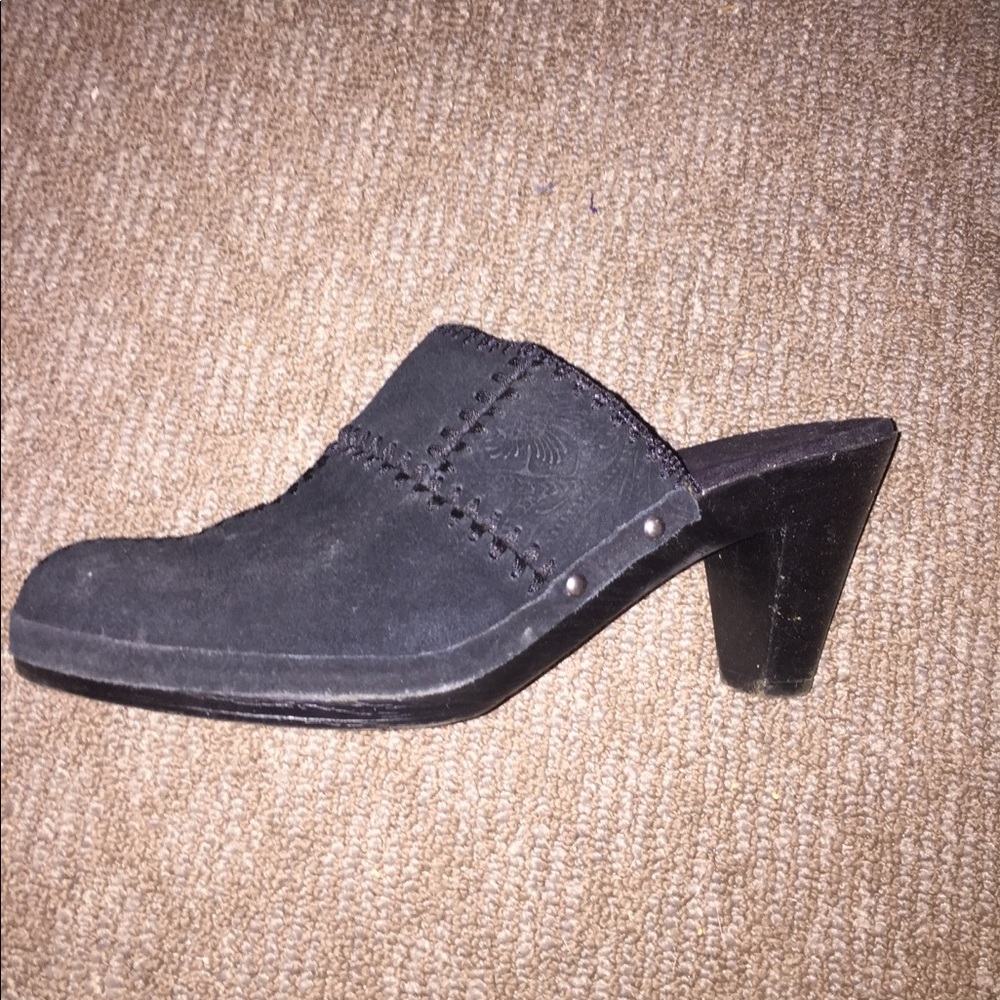 BLACK SUEDE WEDGE SLIDES, like new condition